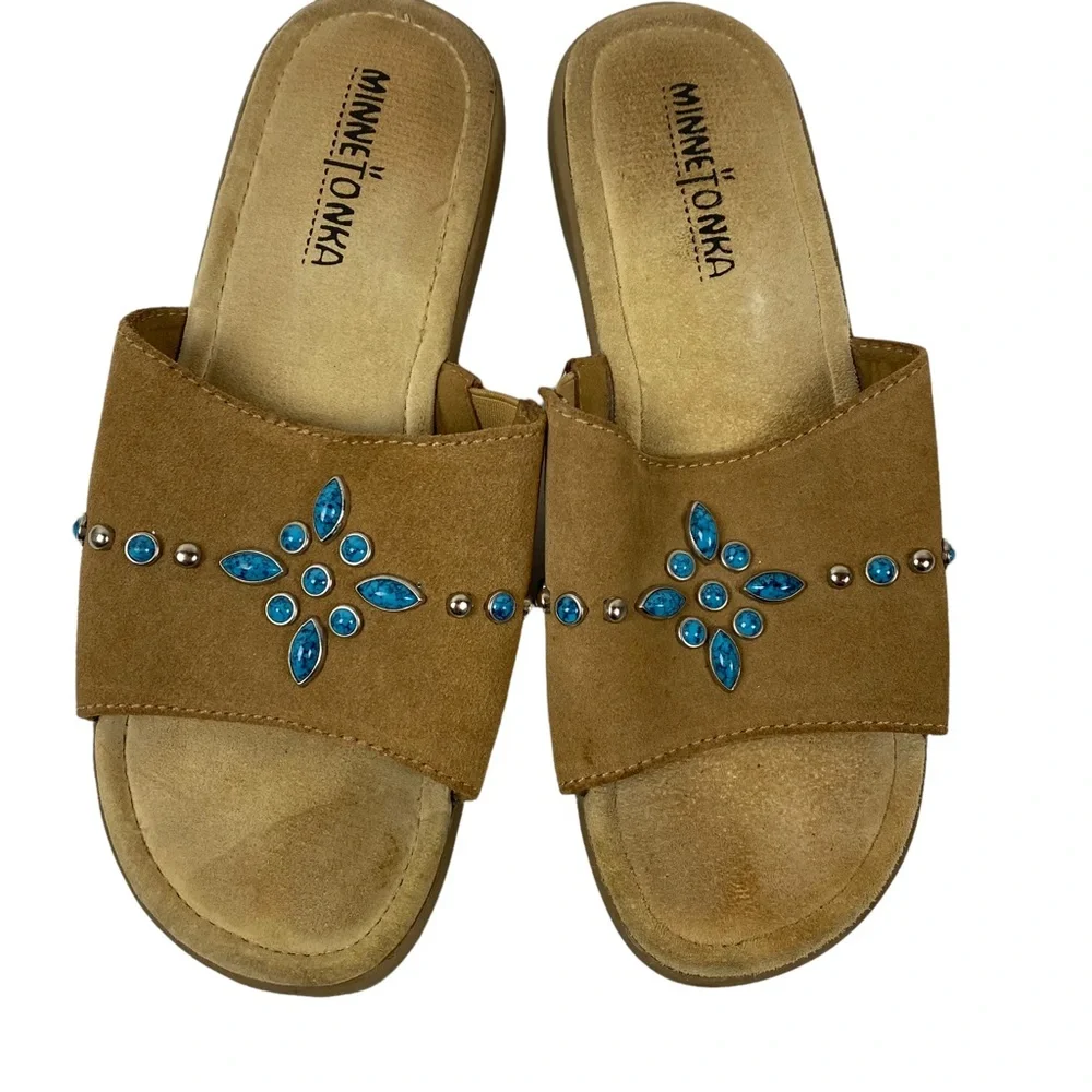 Minnetonka Tan Brown Suede Leather Slides Sandals Turquoise size 8